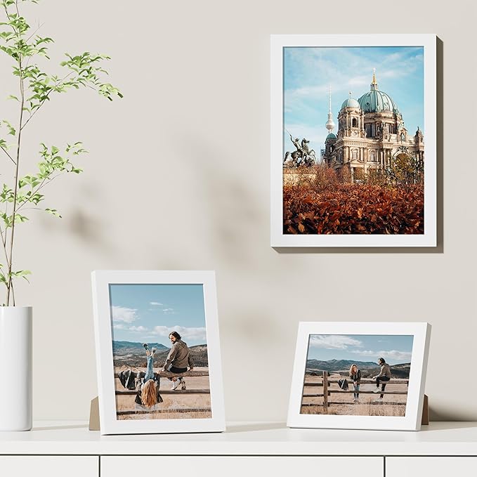 Vittanly 9x12 Picture Frames Set of 9, Shatter Resistant Plexiglass, Display 6x8 Pictures with Mat or 9x12 without Mat, Photo Frames for Wall or Tabletop, Engineered Wood, White
