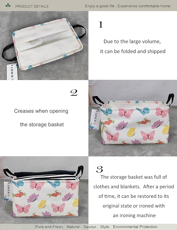 Rectangular Folding Laundry Basket,waterproof Canvas Basket,gift basket,Suitable for children's room,Office,Clothes,Toys Storage(Butterfly)