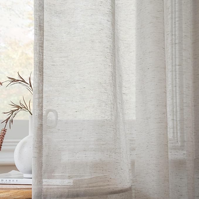 FMFUNCTEX Linen Sheer Curtains for Bedroom, Grey Curtains 63 Inch Length for Living Room, Gray Farmhouse French Flax Blend Window Draperies, Rod Pocket 2 Panels Set