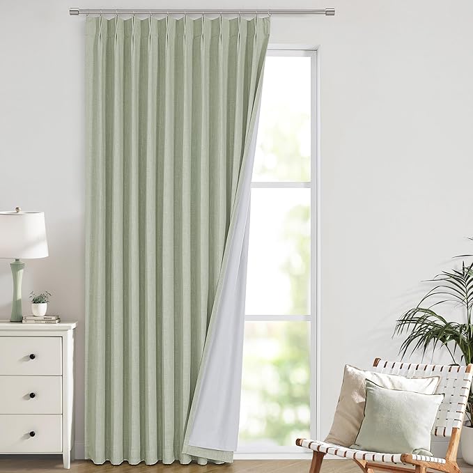 Vision Home Soft Green Pinch Pleated Full Blackout Curtains Linen Blended Room Darkening Window Panels 108 inch for Living Room Bedroom Thermal Insulated Pinch Pleat Drapes with Hooks 60" Wx108 Lx1