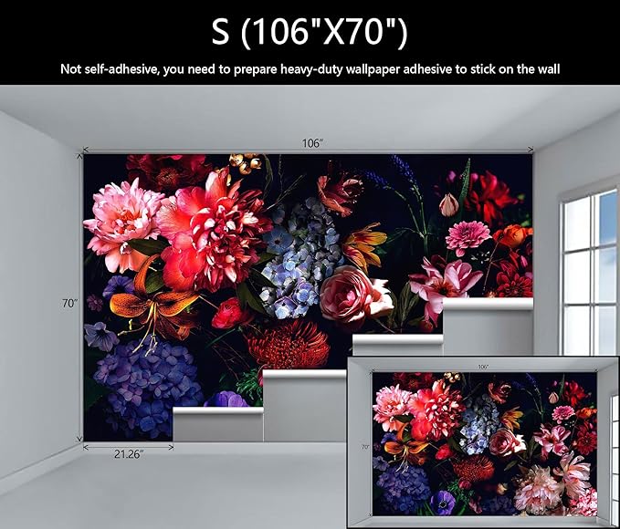 WFBHUA-Dark Floral Wallpaper Watercolor Pink and Blue Flower Wall Mural for Bedroom (Not Peel and Stick)