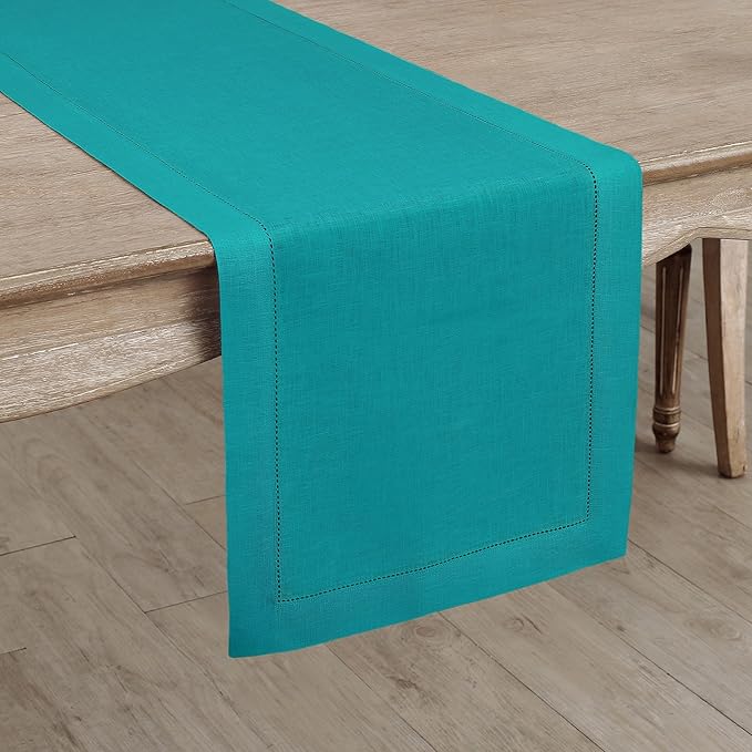 Solino Home Linen Table Runner 120 Inches Long - 100% Pure Linen Teal Table Runner 14 x 120 Inch for Fall, Autumn, Thanksgiving - Classic Hemstitch