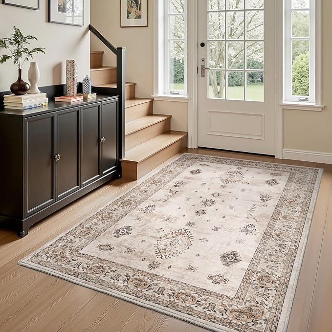 AMOAMI-Vintage Area Rug 4x6 Brown Rugs for Living Room-Soft Living Room Rug Non Slip Rugs for Bedroom Carpet Machine Washable Rug for Dining Room Bedside Office Room Decor