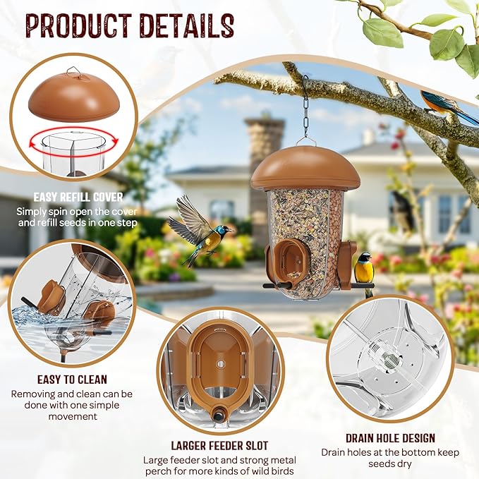 LONA Bird Feeders for Outdoors Hanging – 3 Separate Compartments, 3 Feeding Ports, Weatherproof Dome & 3 Ways to Hang, Large Capacity for Cardinals/Finches (Brown，Plus