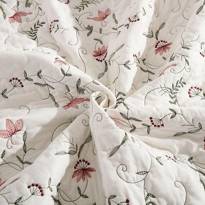 MarCielo 3-Piece 100% Cotton Oversized Bedspread Lightweight Quilt Coverlet Embroidery Farmhouse Bedding Set (TC Soft White,Oversized Queen (100"x106"))