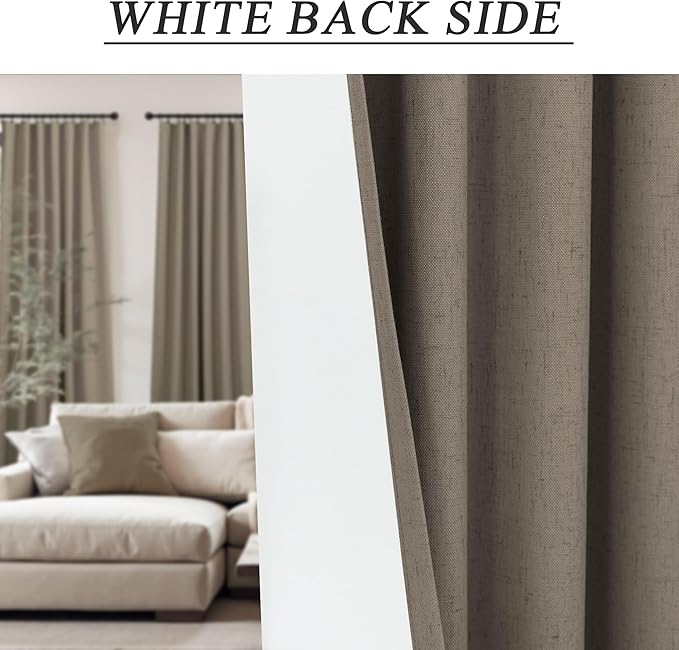 Light Brown Linen Blackout Curtains 96 Inches Long Back Tab Pocket Neutral Earthy Thermal Black Out Curtains for Living Room Sliding Glass Door Burg Floor to Ceiling Window Drapes 2 Panels 8ft Length