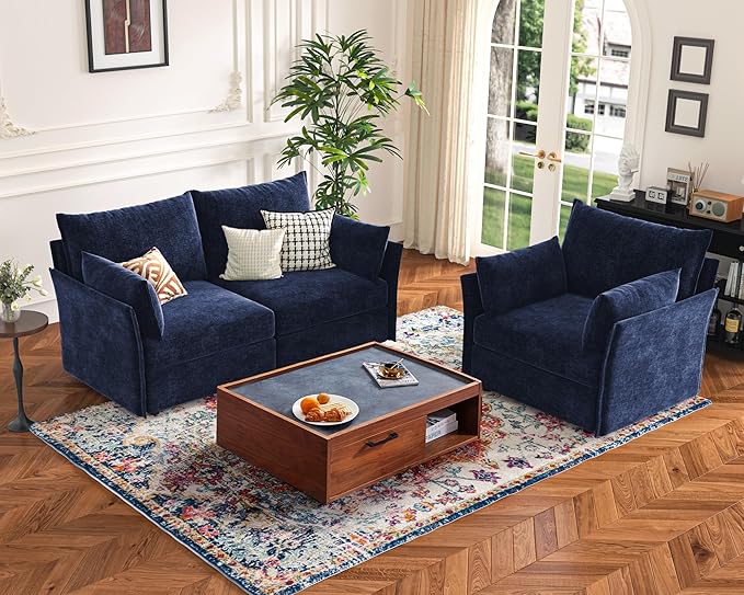 Oversized Loveseat Sofa, Modern Modular Sectional Couch Blue Fluffy Chenille Mid Century 2-Seat 24.5" Deep Seat for Apartment, Living Room, Bedroom
