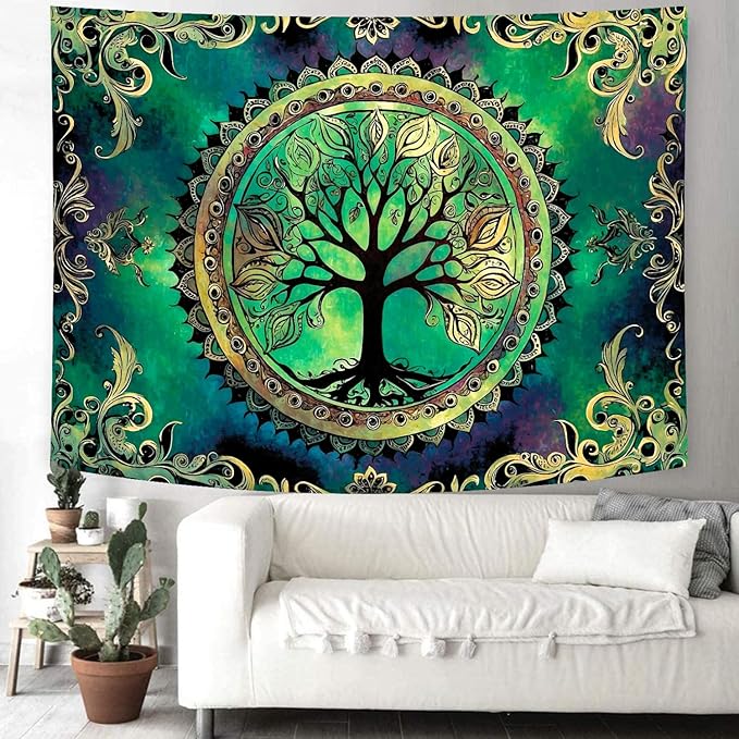 Delur Tree of Life Tapestry Green Nature Bohemian Mandala Spiritual Tapestry Wall Hanging Mystical Landscape Hippie Psychedelic Headboard for Bedroom Living Room Home Decor (51.2" x 59.1")