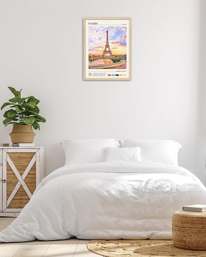 HesenDot Natural OAK Wood Framed Paris City Wall Art,12x16in Iconic Scenery Canvas Wall Print Posters,Classic Urban Landmark Wall Decor for Living Room,Bedroom,Office Gallery Set of 1