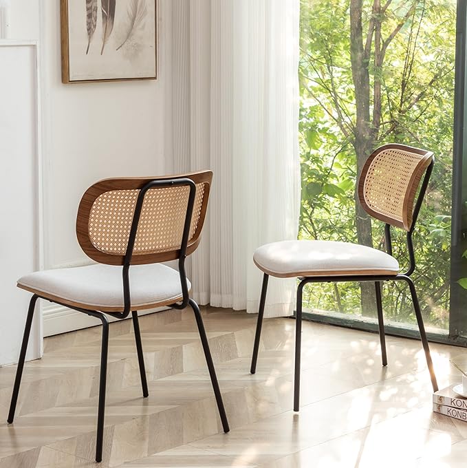 Rattan Dining Chairs Set of 4, Mid Century Modern Dining Chairs with Cane Back for Kitchen Dining Room, 19 Inch Fabric Beige