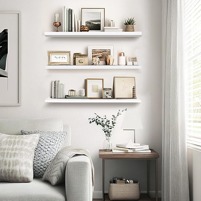 3-Pack Floating Wall Shelves, 24-Inch Rustic White Wooden Shelves for Storage and Décor, Easy Installation for Living Room, Bedroom, and Kitchen