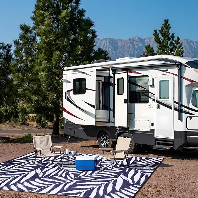 OLANLY Waterproof Outdoor Rug 9x12 ft, Reversible Outdoor Plastic Straw Rug with Leaf Pattern, RV Mat, Indoor Outdoor Carpet for Patio, Camping, Balcony, Deck, Backyard, Navy & White