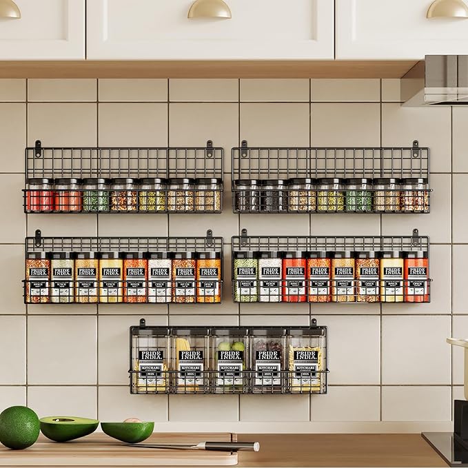 X-cosrack Spice Rack Organizer, 5-Tier Wall Spice Rack, Stackable Hanging Spice Jars Storage Racks, Great for Kitchen and Pantry, Up to Storage 48 Jars(Patent No.:D909138S)