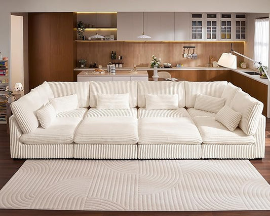 Oversized Modular Sofa, Extra Deep Cloud Corduroy Sectional Couch with Ottoman Chaise, Fluffy Chenille 8 Seater Couch Bed for Living Room, Villa (Sofa Bed 8 Seater, Corduroy White)