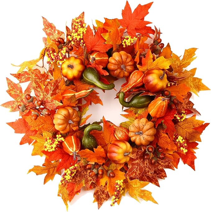 24 Inch Fall Wreaths for Front Door, Fall Decorations for Home,Fall Wreath,Autumn Wreath with Pumpkins Berries Maple Leaves for Thanksgiving Halloween Decorations Indoor Outdoor Outside Fall Decor