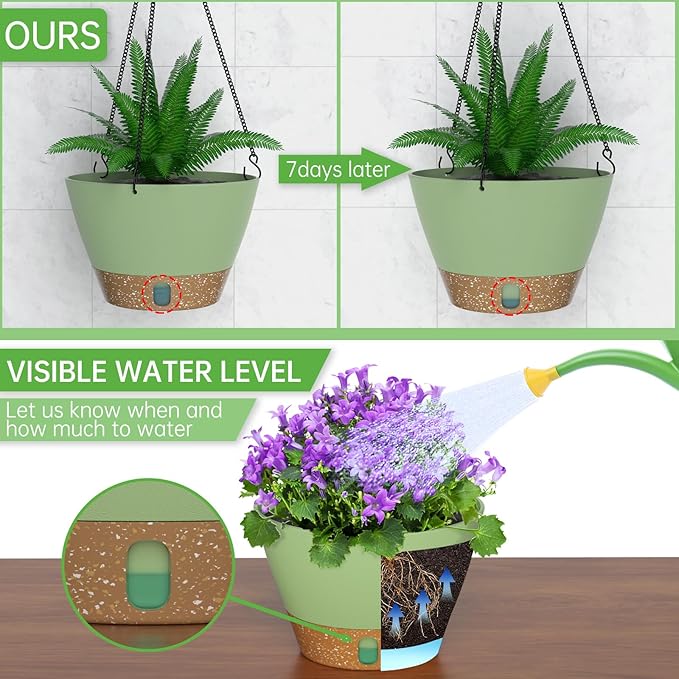 ZMTECH 2 Pack 10 Inch Hanging Planters for Outdoor Plants, Hanging Pots for Plants Indoor with Visible Water Level, Hanging Flower Basket with Drainage Holes & Removable Tray(Green)