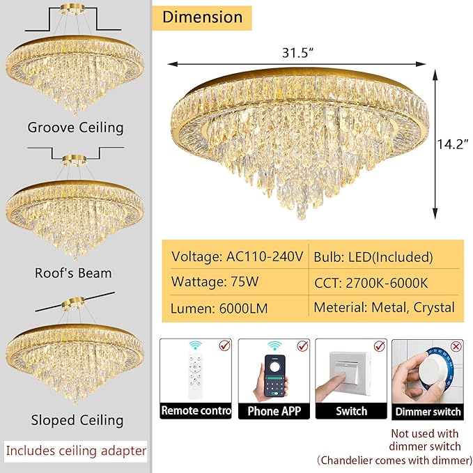 Modern Crystal Chandeliers for Living Room Ceiling Light Fixture LED Dimmable Lamp with Remote Pendant Lighting Flush Mount Ceiling Light for Dining Room Bedrooms Foyer