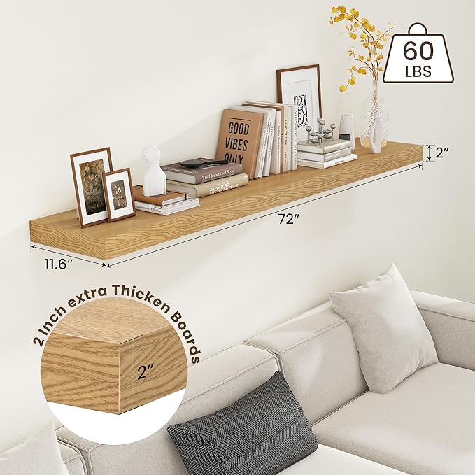 Deep Floating Shelves for Wall - 72 Inch Wide x 12 Inch Deep Wall Shelves Set of 1 - Rustic Oak Color Wood Shelves for Living Room, Bathroom, Laundry Room, Bedroom, Kitchen, Home Office