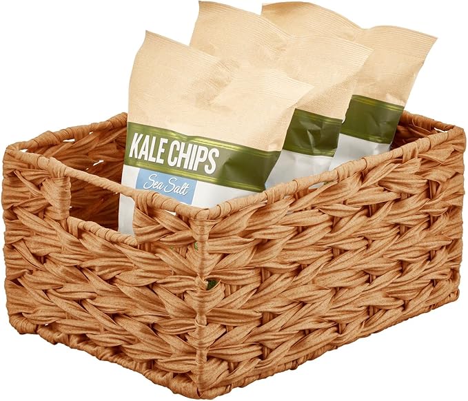 mDesign Woven Farmhouse Kitchen Pantry Food Storage Organizer Basket Bin Box - Container Organization for Cabinets, Cupboards, Shelves, Countertops - Store Potatoes, Onions, Fruit, 6 Pack, Camel Brown
