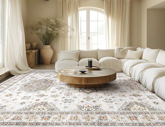 Washable Area Rugs for Living Room -10x12 Neutral Vintage Distressed Floral Farmhouse Boho Large Soft Floor Rug Indoor Non Slip Carpet for Living Room Bedroom Dining Room Office-Blue Brown