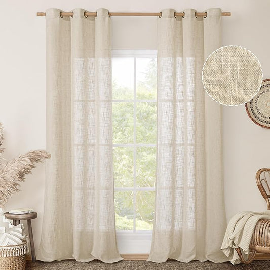 LAMIT Light Filtering Linen Curtains 84 inches Long for Bedroom, Linen Textured Semi Sheer Bronze Grommet Burlap Boho Modern Drapes for Living Room/Farmhouse, 2 Panels, 38 x 84 Inch