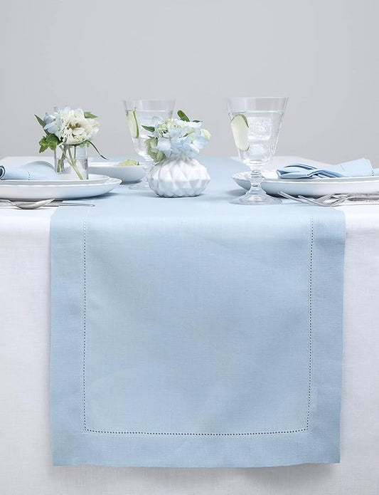 Solino Home Linen Hemstitch Table Runner 108 Inches Long - 100% Pure Linen Sky Blue Table Runner 14 x 108 Inch - Classic Hemstitch
