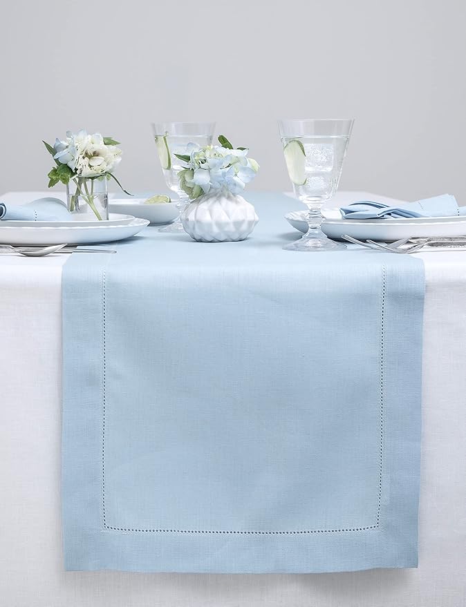 Solino Home Linen Sky Blue Table Runner 120 Inches Long - 100% Pure Linen Hemstitch 14 x 120 Inch Table Runner for Dining - Classic Hemstitch