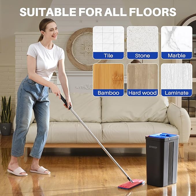 JOYMOOP Mop and Bucket with Wringer Set, Hands Free Flat Floor Mop and Bucket, with 4 Washable Microfiber Pads, Wet and Dry Use, Floor Cleaning System - Black+Red+Slate Blue