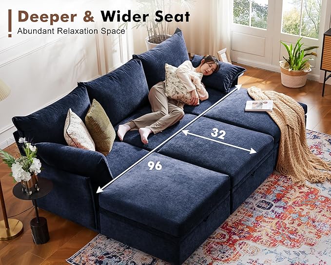102.6" Modular Sectional Sofa, Oversized 3-Seater Blue Couch with Removable Chenille Fabric Cover, Deep Seat & High Backrest for Living Room, Office & Apartment