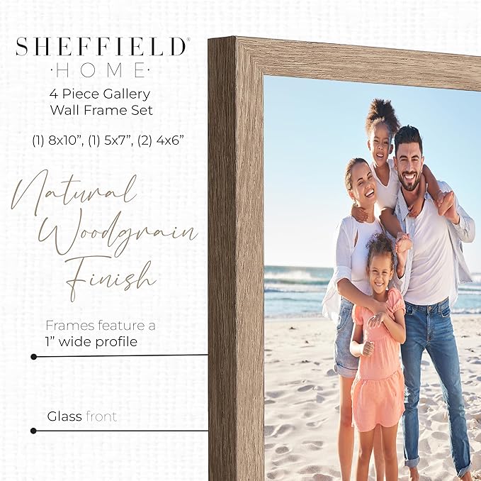 Sheffield Home 4 Piece Gallery Wall Frame Set, 8x10 Inch, 5x7 Inch, and 4x6 Inch, Light Natural
