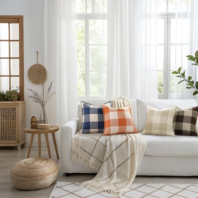 decorUhome Buffalo Plaid Check Throw Pillow Covers 22x22 Set of 2, Outdoor Decorative Farmhouse Neutral Pillow Covers with Stitched Edge for Bed Couch Sofa, Brown and Beige