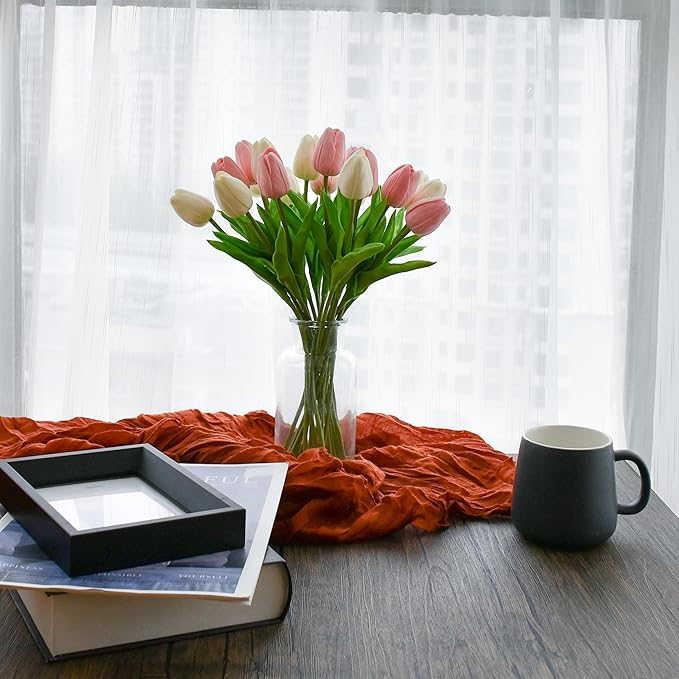 Mandy's Artificial Tulips 20 Stems White and Light Pink PU Faux Flowers for Wedding Home Decor 13.5 Inch