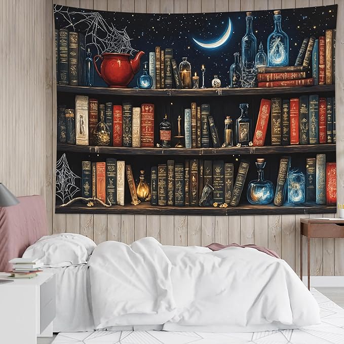 LB Fantasy Bookshelf Tapestry, Horror Spider and Vintage Book with Moon Wall Tapestry for Bedroom Aesthetic, Trippy Galaxy Wall Art for Living Room Dorm Home Decor Ready to Hanging, 59 x 51 Inches