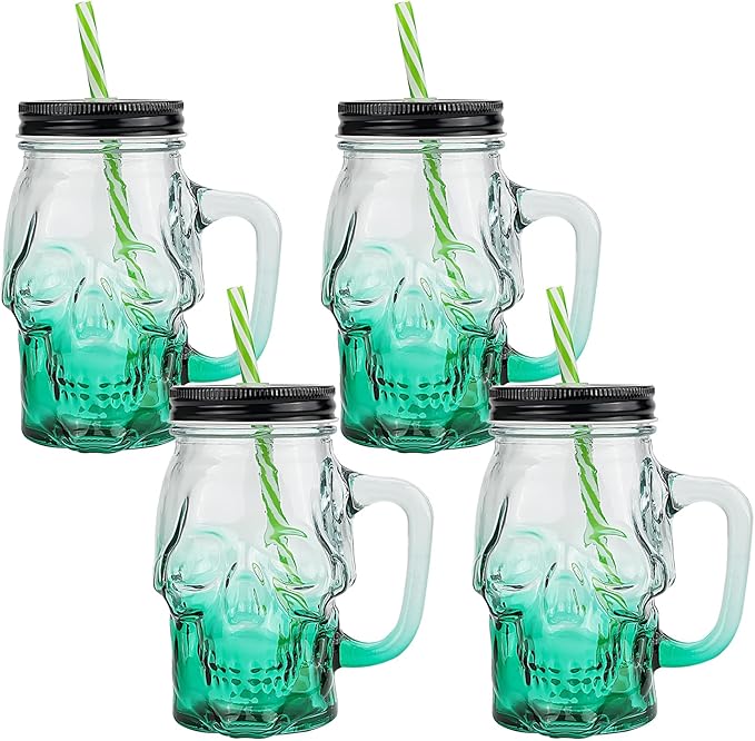 Halloween Cups Set of 4 - Green Skull Glass Drinking Jar with Lids and Straws - Halloween Decor, Drinking Glasses 16 oz