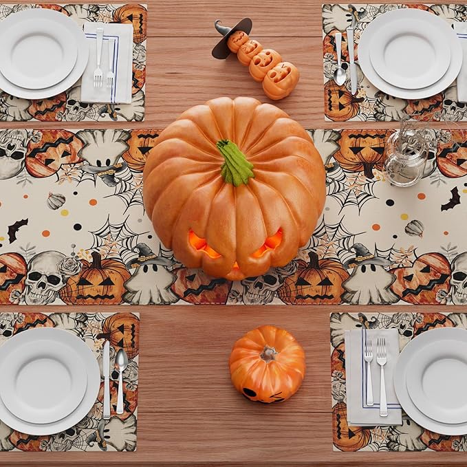 XCHI Spooky Skeleton Ghost Pumpkin Halloween Table Runner Party Table Decoration for Home Kitchen Dining Holiday Decor 13x60 Inch