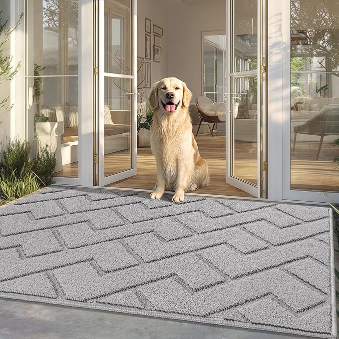 hicorfe Front Door Mat Outside Entrance,36"x59" Absorbent Muddy Dirt Resist Welcome Door Mats Outdoor Indoor,Stain and Fade Resistant,Non Slip Backing Entry Mat Doormat for Entryway(Light Grey)