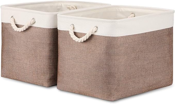 Bidtakay Large Storage Baskets with Handles for Organizing 16" x 11.8" x 11.8" Rustic Shelf Baskets [2-Pack] Foldable Clothes Baskets Fabric Collapsible Bins for Closet (White&Earthy Brown)