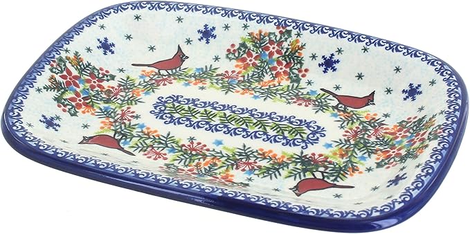 Blue Rose Polish Pottery Winter Cardinal Small Rectangular Serving Platter