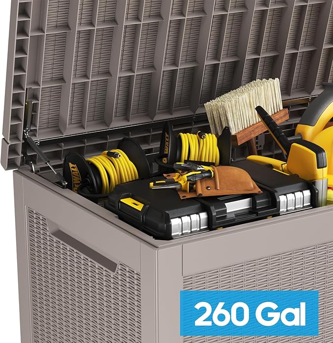 Large Deck Box 260 Gallon, Resin Patio Storage Box with Lockable Lid for Patio Furniture, Garden Tools, Pool Accessories, Weatherproof Outdoor Storage Bin, Brown