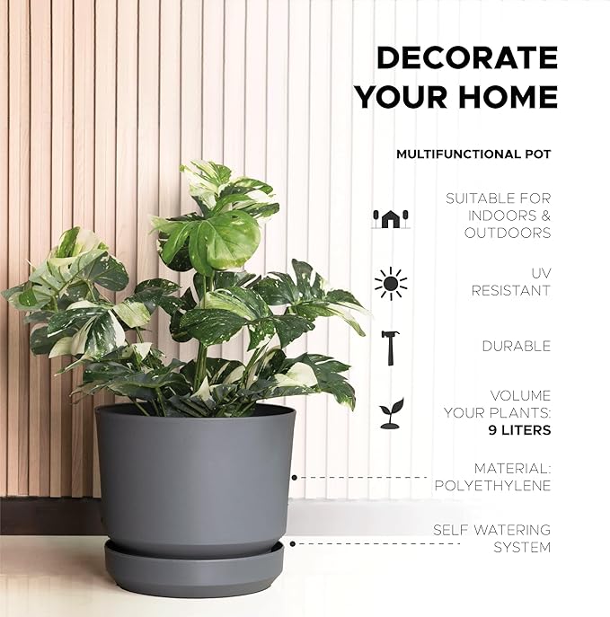 Elly Décor 10 inch Plastic Cylinder Planter Pot with Self-Watering Saucer and Drainage Hole,Lightweight & Extremely Durable, 10"x 10", Gray