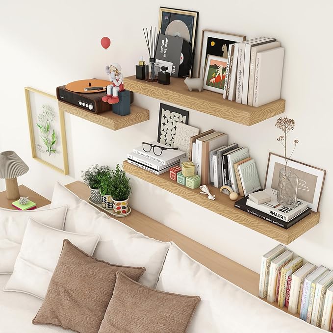 12 Inch Deep Floating Shelves for Wall, 48W x 12D Rustic Oak Wood Floating Shelves, Large Floating Shelves Set of 1 for Living Room Bathroom Laundry Room Bedroom Kitchen Home Office - Oak