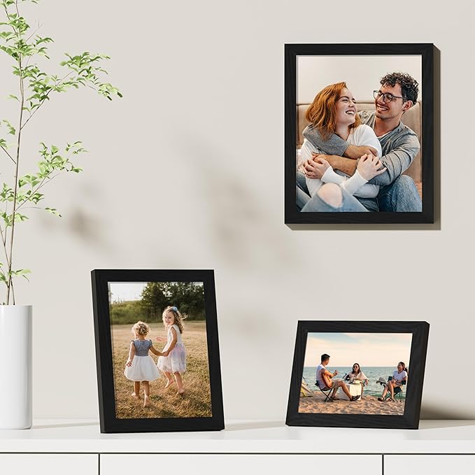 Vittanly 8x10 Picture Frames Set of 9, Shatter Resistant Plexiglass, Display 5x7 Pictures with Mat or 8x10 without Mat, Photo Frames for Wall or Tabletop, Engineered Wood, Black