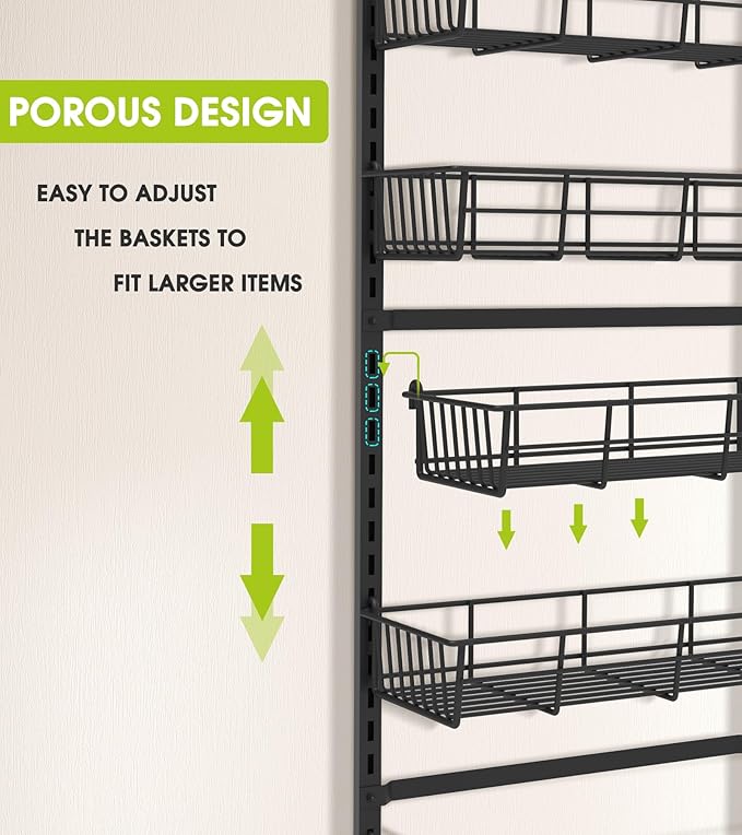 Over The Door Pantry Organizer, Pantry Storage and Organization, 6-Tier Adjustable Hanging Baskets, Metal Wall Mount Spice Rack Seasoning Shelves for Home & Kitchen, Laundry Bathroom - Black
