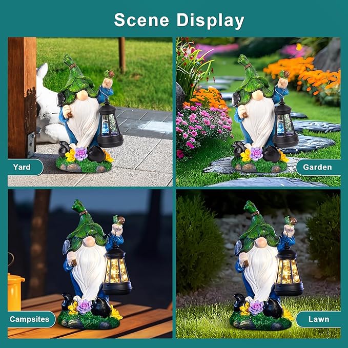 Solar Gnome Garden Figurine Yard Lights with Solar Lights Lantern & Shovel - Outdoor Yard Art Lawn Ornaments for Porch Patio Balcony - Gnome Gifts for Women Mom