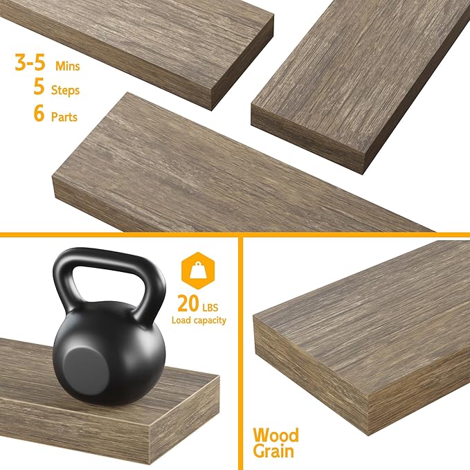 BAMEOS Floating Shelves, Wall Mounted Wooden Shelves with Invisible Brackets Set of 3, Hanging Wall Shelves Decoration for Bedroom, Bathroom, Living Room and Kitchen