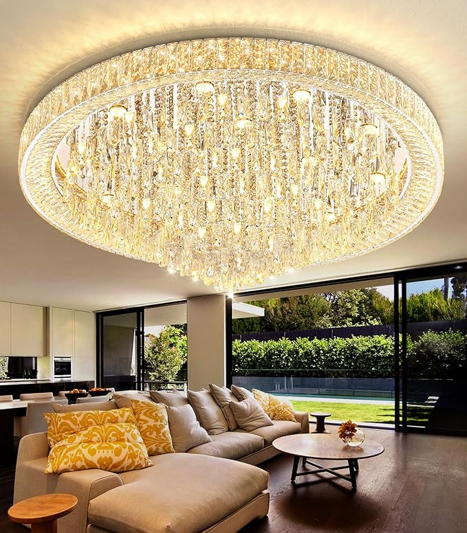 47'' Modern Chandeliers LED Dimmable Crystal Flush Mount Ceiling Chandeliers for Living Room High Ceiling Entrance Foyer Lobby Bedroom Silver