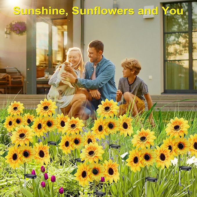 Outdoor Solar Garden Stake Lights,Upgraded LED Solar Powered Light with 3 Sunflower, Waterproof Solar Decorative Lights for Garden, Patio, Backyard (2 Pack 8 Flower)