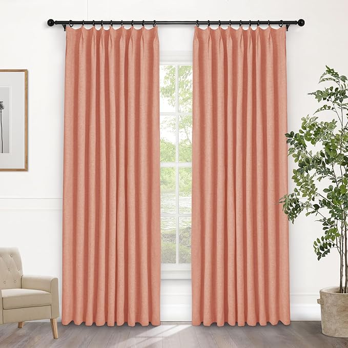 Macochico Pinch Pleated 100% Blackout Curtains Orange Linen Curtains for Bedroom Living Room Farmhouse Thermal Insulated Window Panels Pleated Curtains with Hooks and Tieback 52”Wx72”L 1 Panel