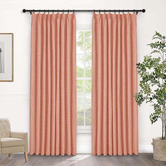 Macochico Pinch Pleated Blackout Curtains 102 Inches Long 100% Blackout Natural Linen Drapes for Bedroom Living Room Windows Farmhouse Burlap Curtains with Tieback 52”Wx102”L Orange 1 Panel
