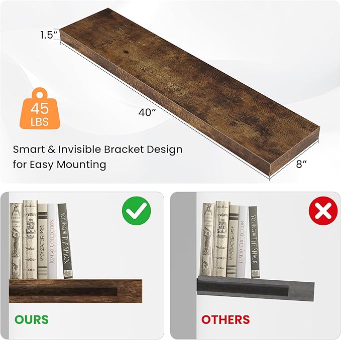 Floating Shelves for Wall, 40"W x 8"D x 1.5"H, Wooden Wall Mounted Display Shelves with Invisible Brackets for Living Room, Bedroom, Bathroom, Kitchen Decor and Storage, Set of 2, Rustic Brown
